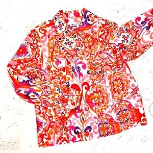 Coldwater Creek Cotton Whimsy Paisley Jean Jacket Pink Orange Dopamine Dressing